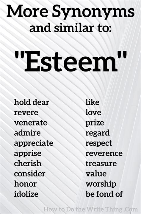 Esteem synonym - Synonyms for High Esteem (other words and phrases for High Esteem). Synonyms for High esteem. 50 other terms for high esteem- words and phrases with similar meaning. Lists. synonyms. antonyms. definitions. sentences. thesaurus. words. phrases. Parts of speech. nouns. suggest new. high regard. n. reverence. n. great respect. n.
